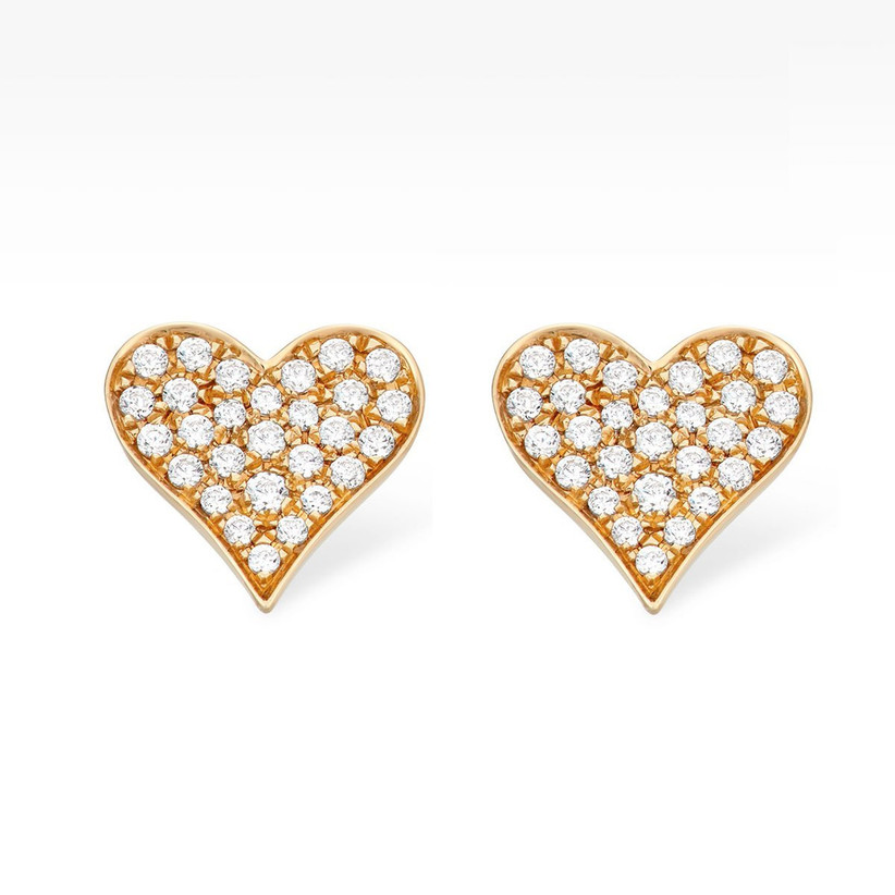 Gold diamond pavé heart stud earrings on a gray background Mother's Day gift for wife