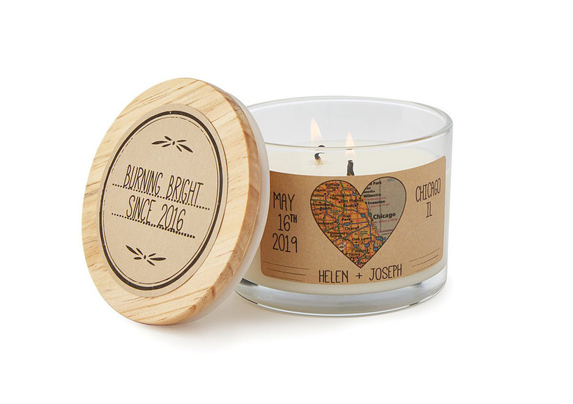 Anniversary candle with Burning Bright Since date on the lid, custom heart shaped map on the label, and the couple's name and anniversary date
