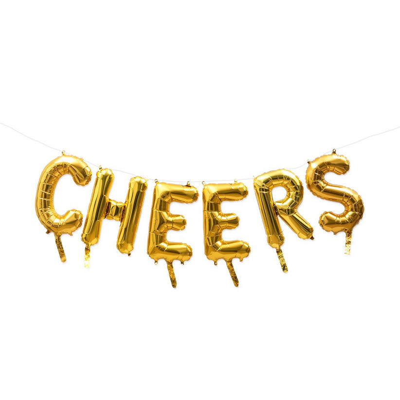 Gold foil letter balloons spelling CHEERS on a white background