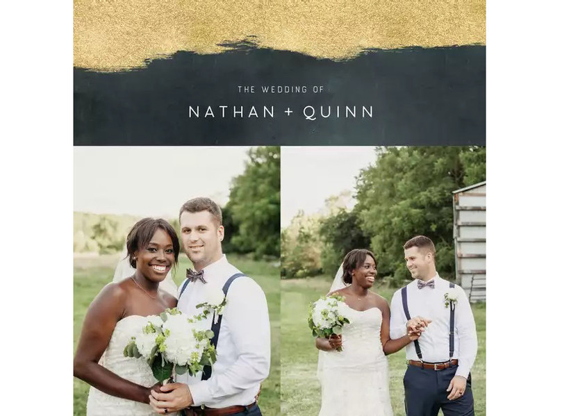 Современная черно-золотая свадебная фотокнига с двумя картинками-коллажами молодоженов на обложке