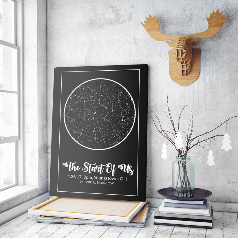 Framed map of the night sky with title The Start of Us personalized with date, time, and location on display 