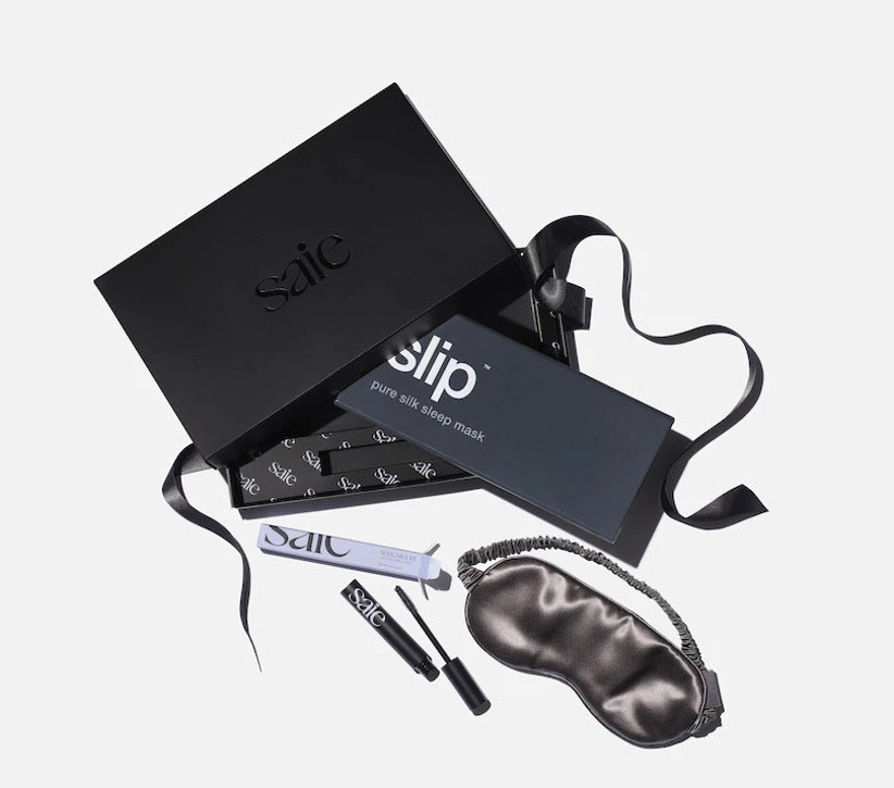 Luxe black gift box including black silk sleep mask from Slip and Saie mascara