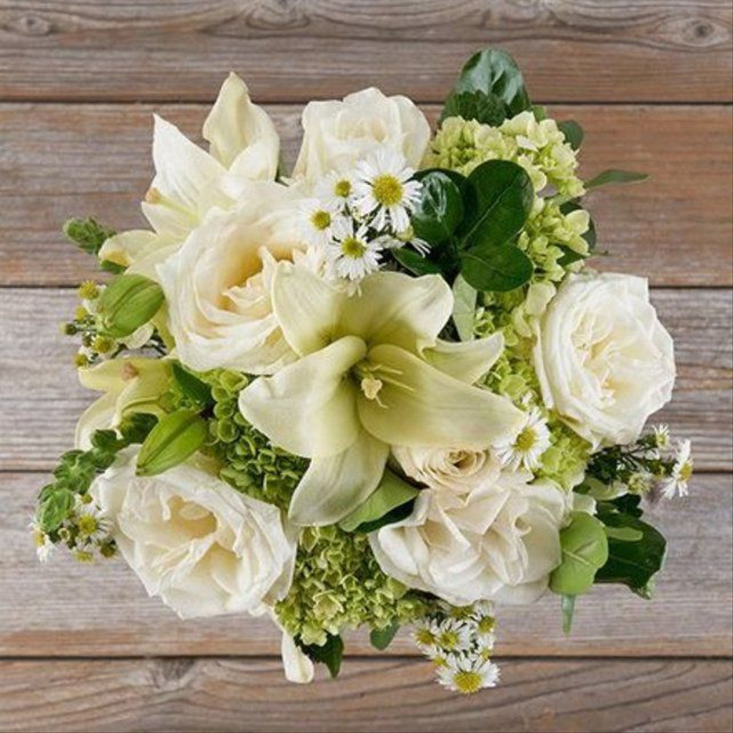 bouquet of green and white hydrangeas and roses