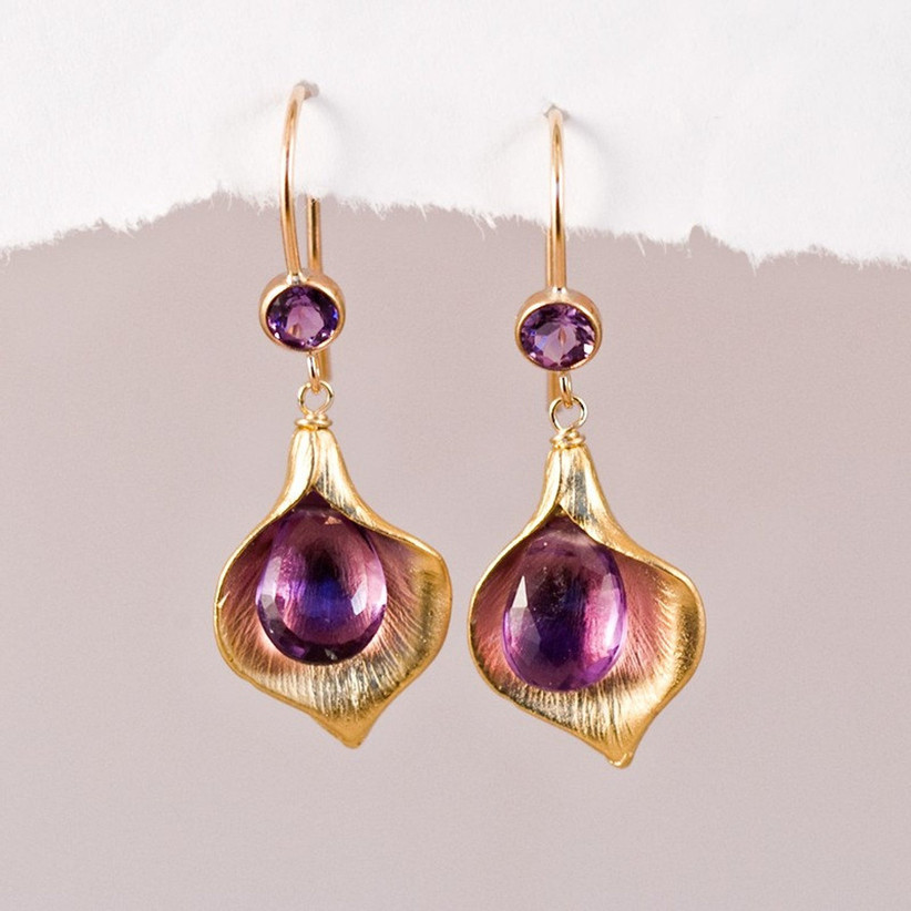 gold and amethyst calla lily earrings
