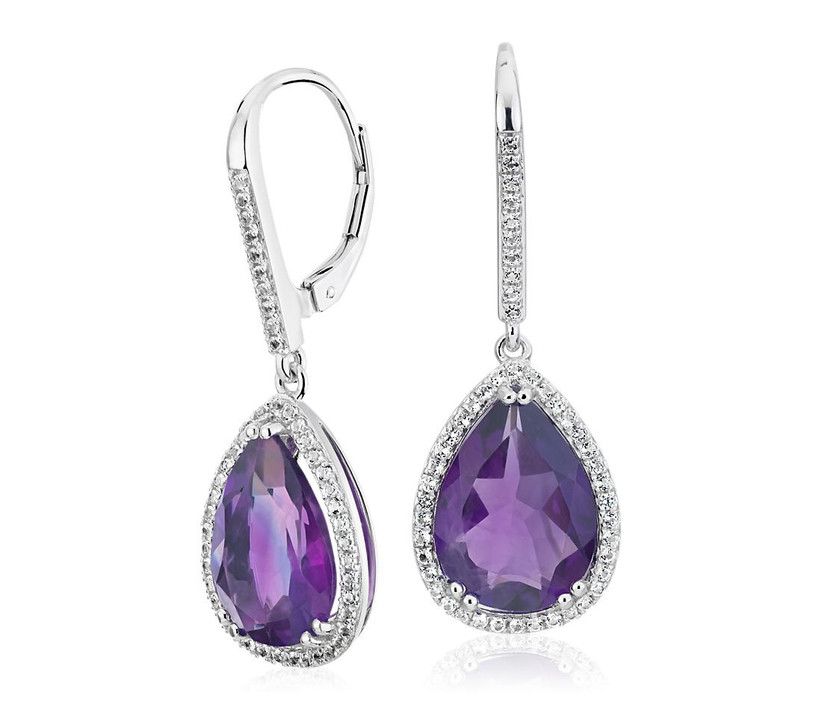 amethyst diamond halo drop earrings
