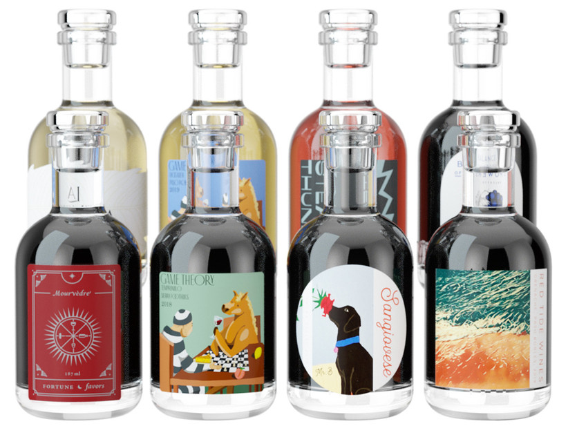 8 bottles of wine with colorful labels