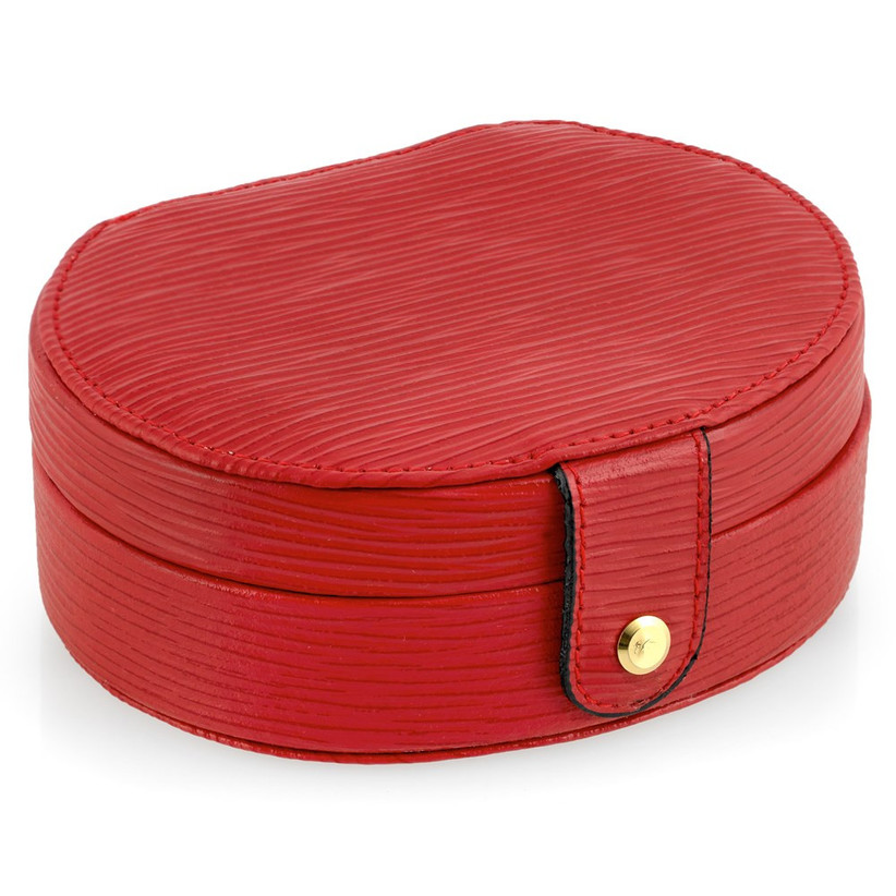 red oval leather jewelry box with gold clasp