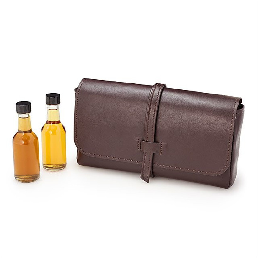 leather pouch with two mini liquor bottles