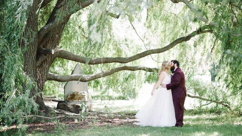 couple kissing under a large tree