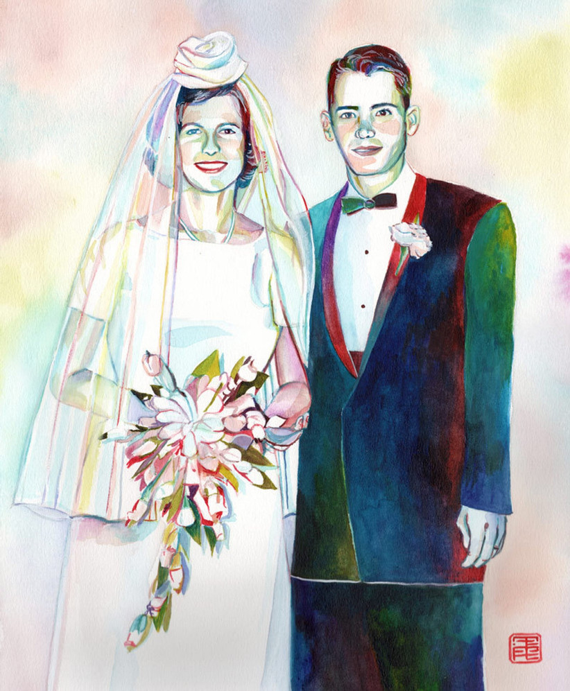 painted portrait of a vintage bride and groom