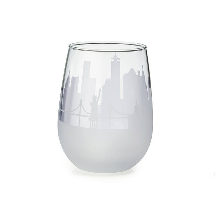 stemless wine glass engraved with city skyline