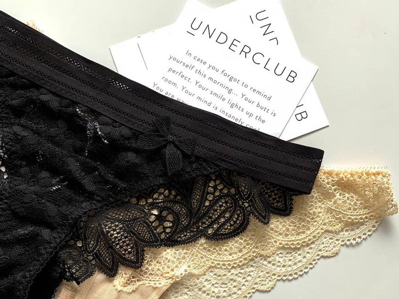 Two pairs of pretty designer underwear with sweet Underclub note