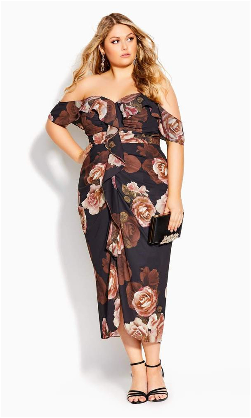 plus-size engagement party dress off-the-shoulder neckline with allover oversized rose print in burgundy black and pink
