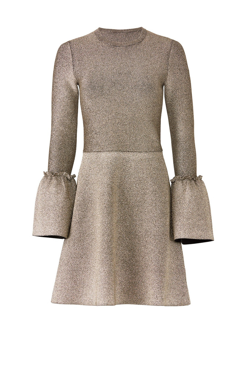short gold engagement party dress with long sleeves and bell cuffs