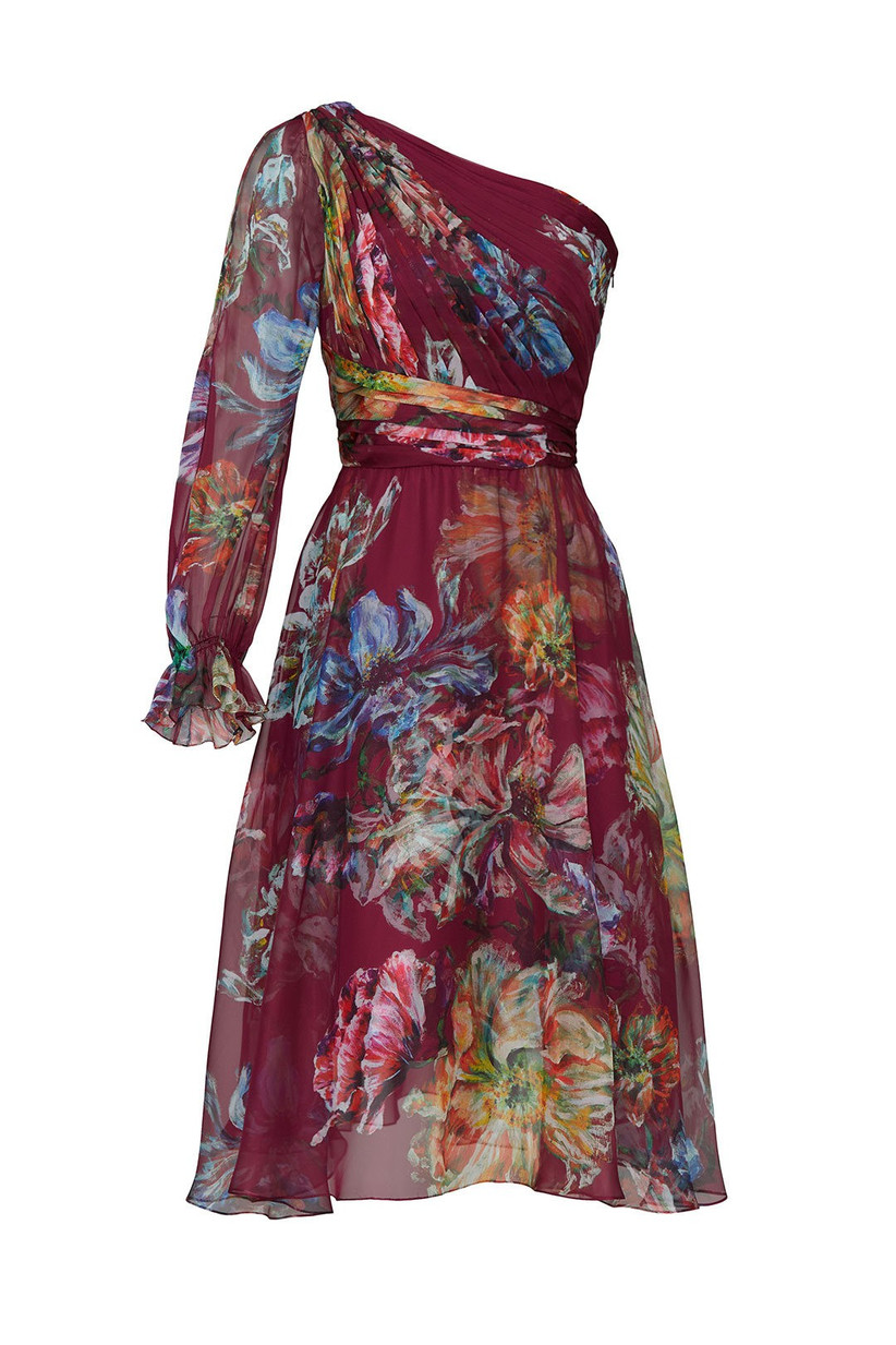one-shoulder engagement party dress burgundy chiffon with colorful watercolor-style floral print