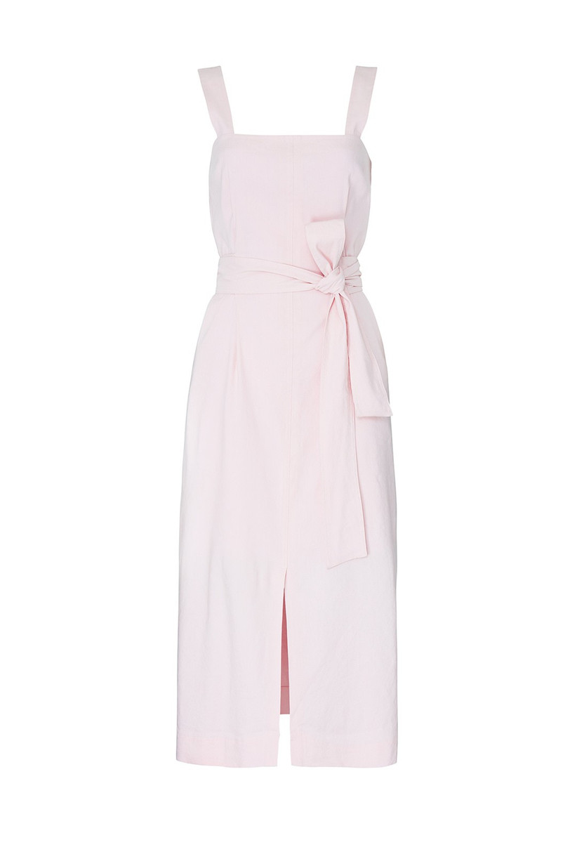 sleeveless pale pink engagement party dress with square neckline front slit and tie sash