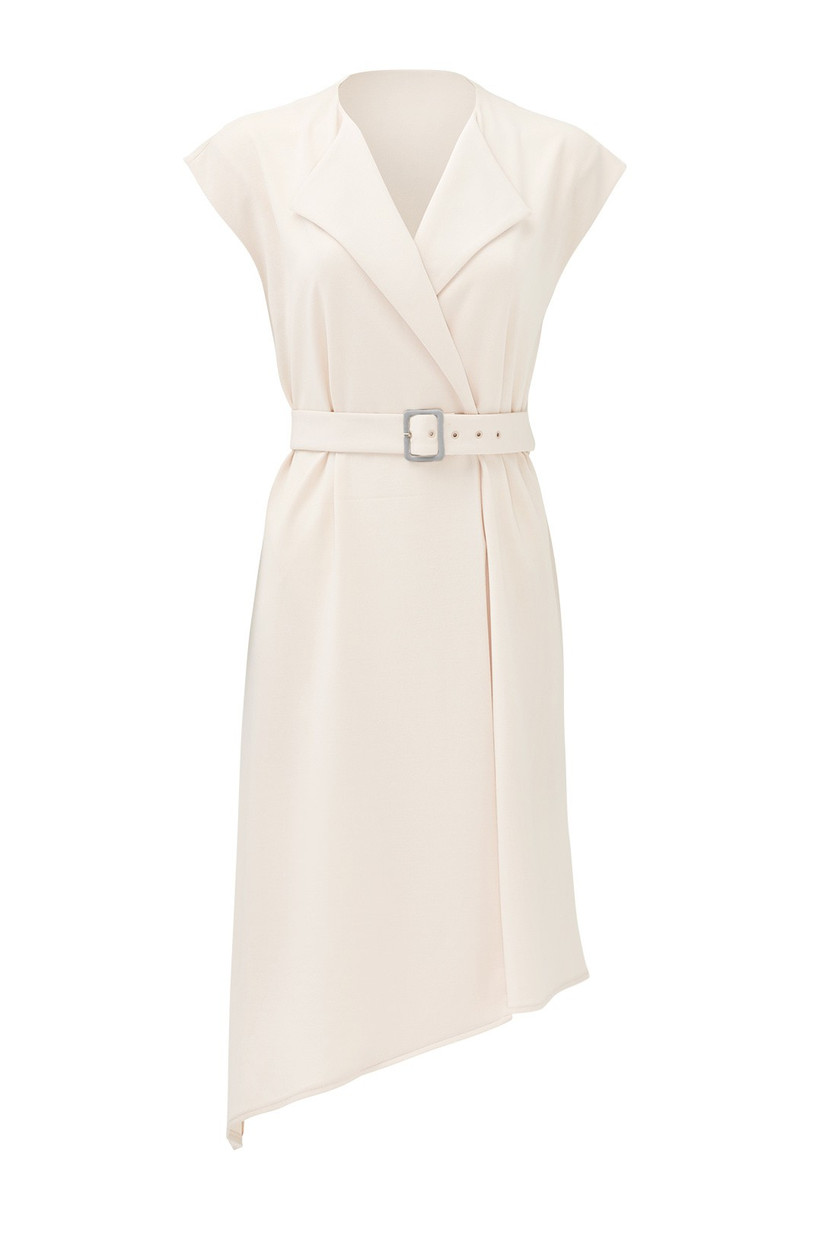 white sleeveless trench-style engagement party dress with adjustable belt