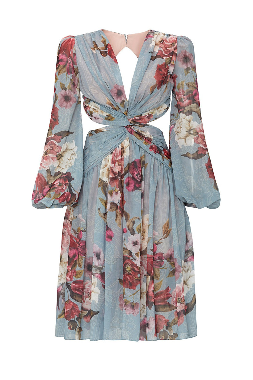 floral print chiffon engagement party dress with long bishop sleeves and side cutouts at waist
