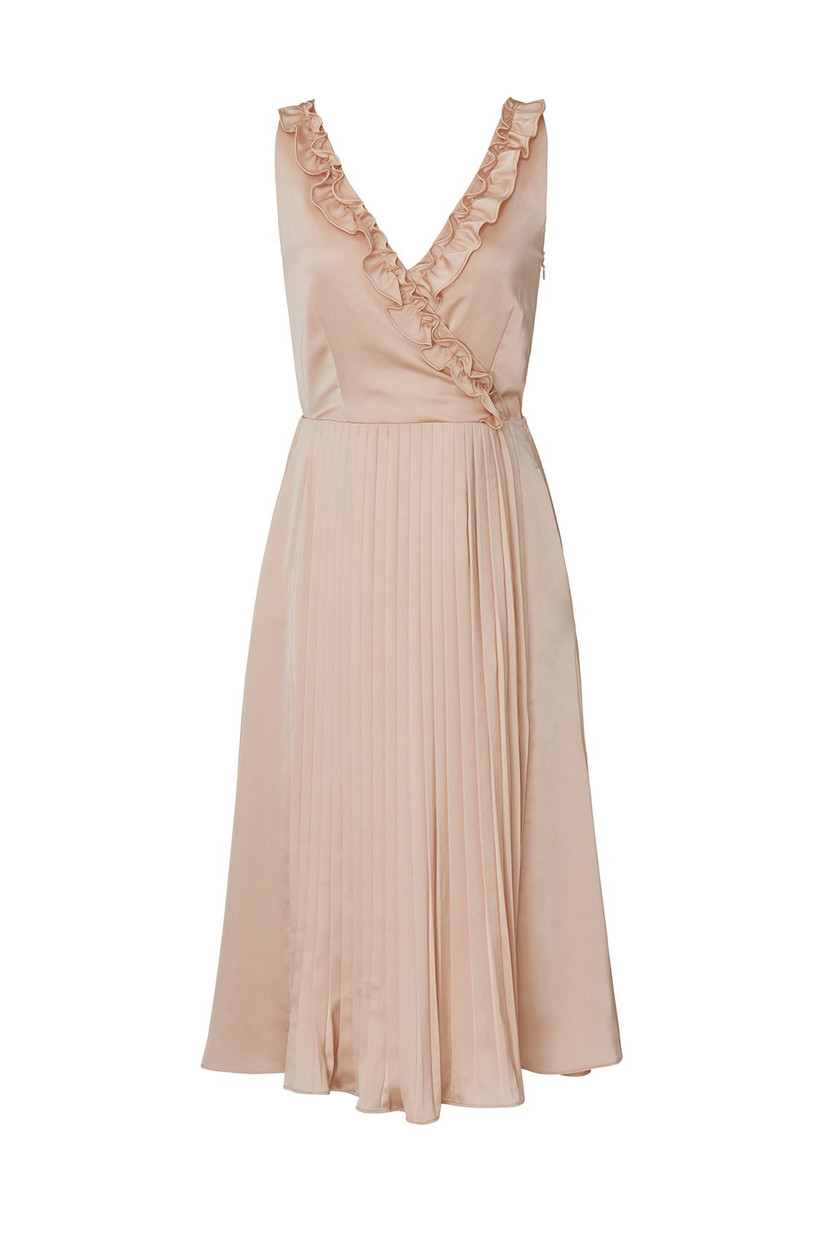 sleeveless blush pink wrap dress with ruffled neckline