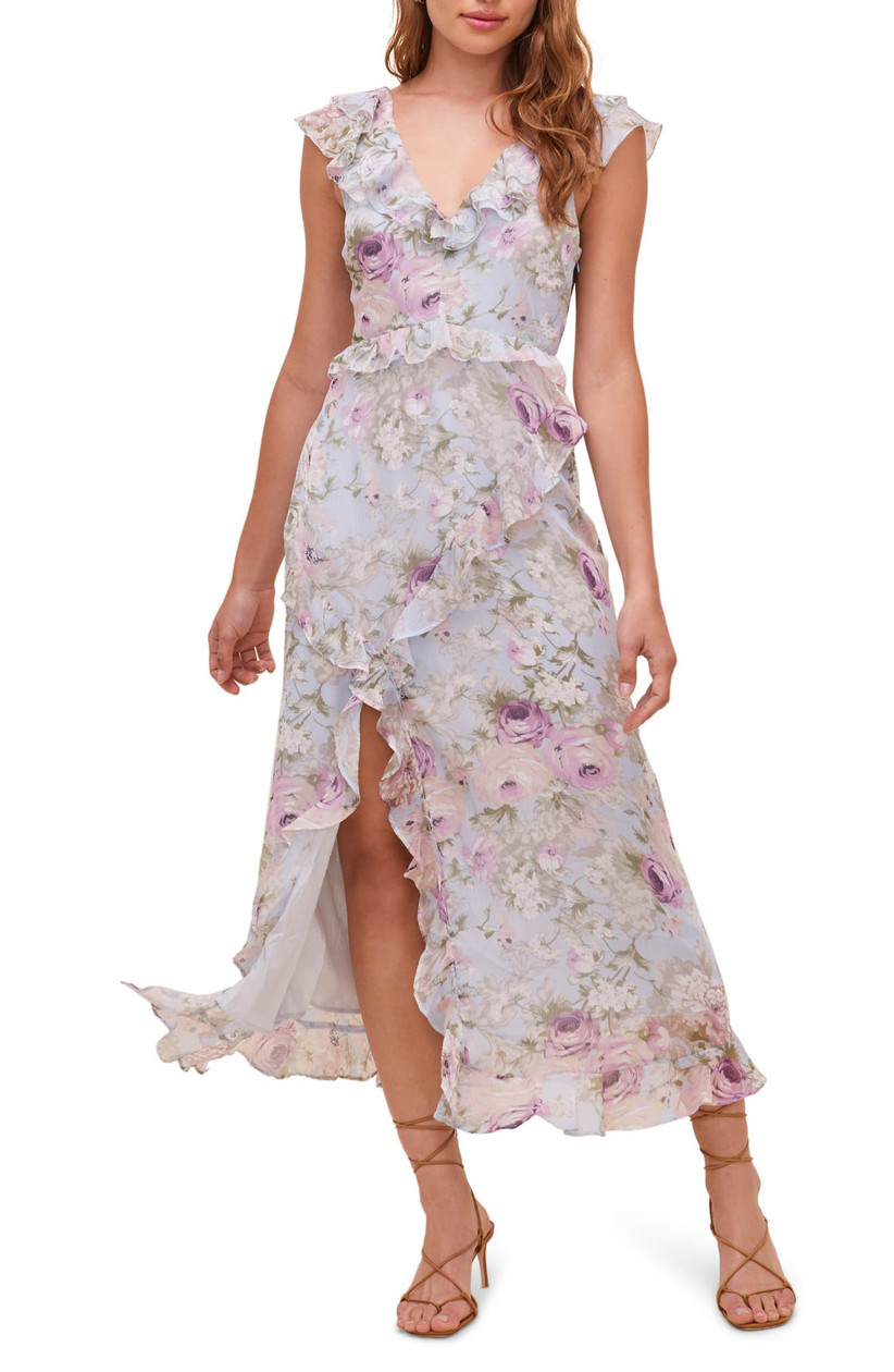 midi length engagement party dress with allover floral print in pale purple and green rose pattern
