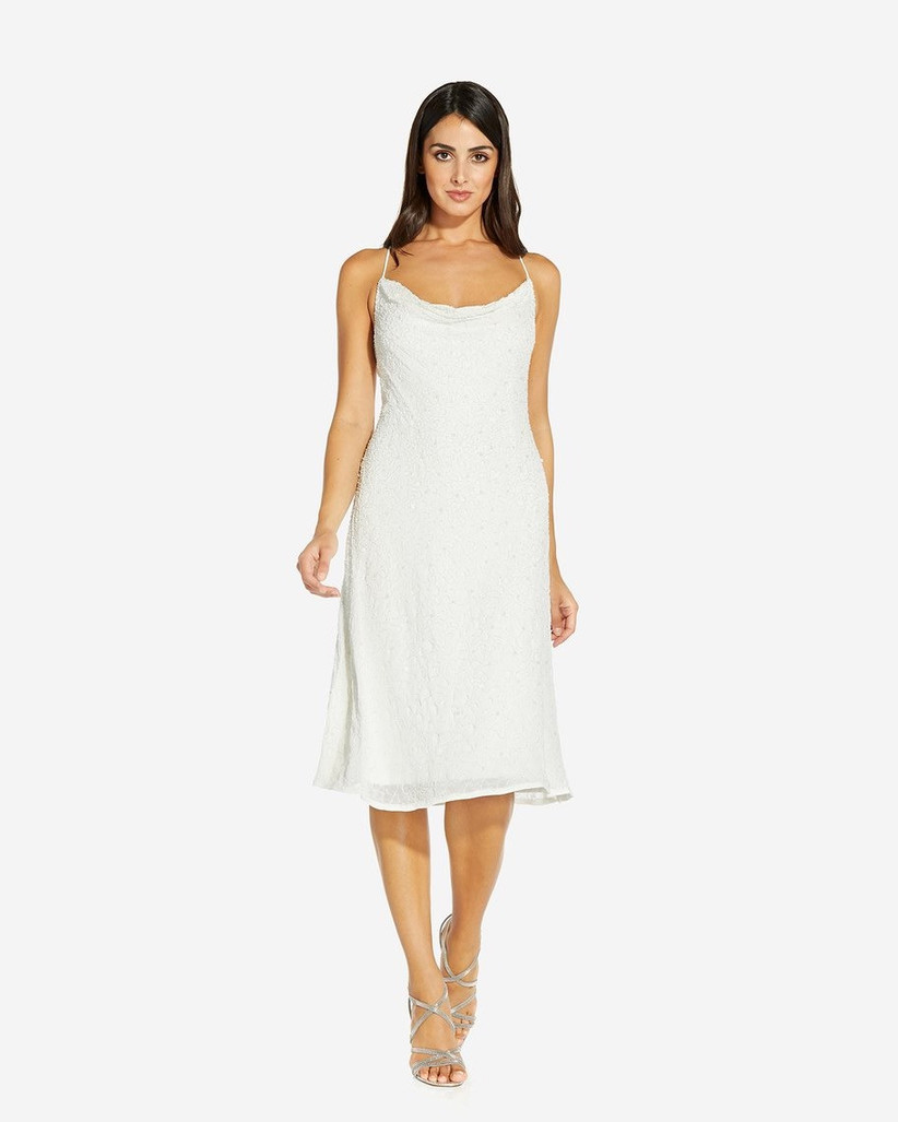 white beaded engagement party dress slip dress silhouette with cowl neckline and spaghetti straps