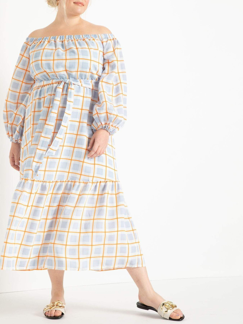 midi off-the-shoulder engagement party dress with oversized gingham check print in pale blue