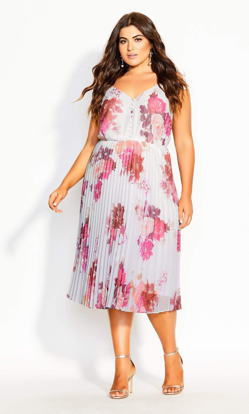floral print engagement party dress with pleated skirt and fuchsia floral print