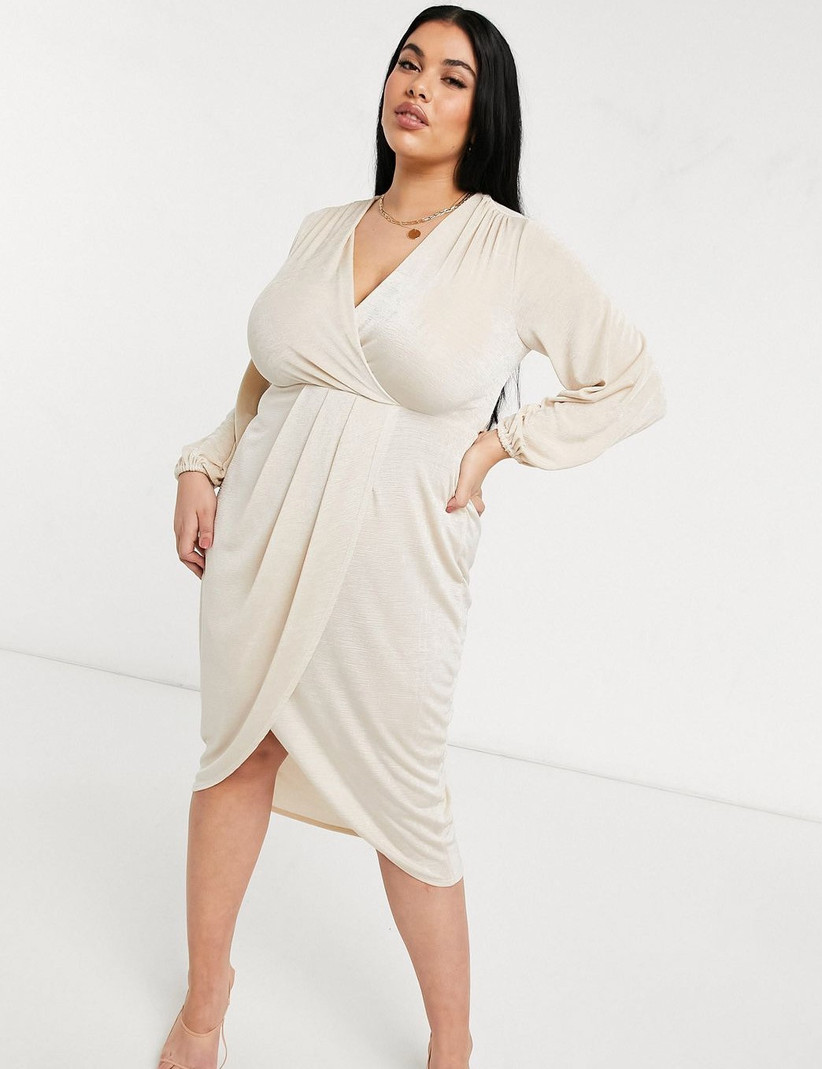 plus-size engagement party dress ivory wrap style dress with long blouson sleeves and tulip skirt hem