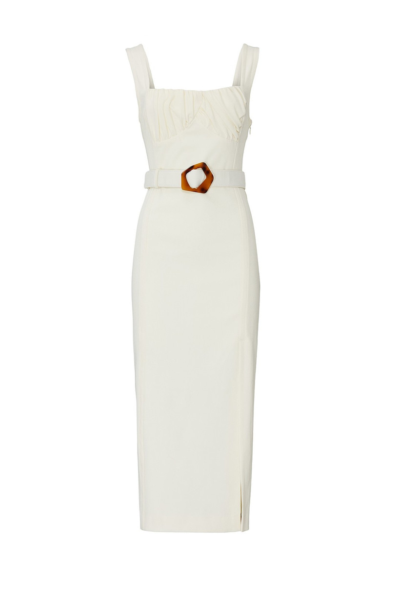 structured white column engagement party dress with thick straps square neckline and tortoiseshell belt