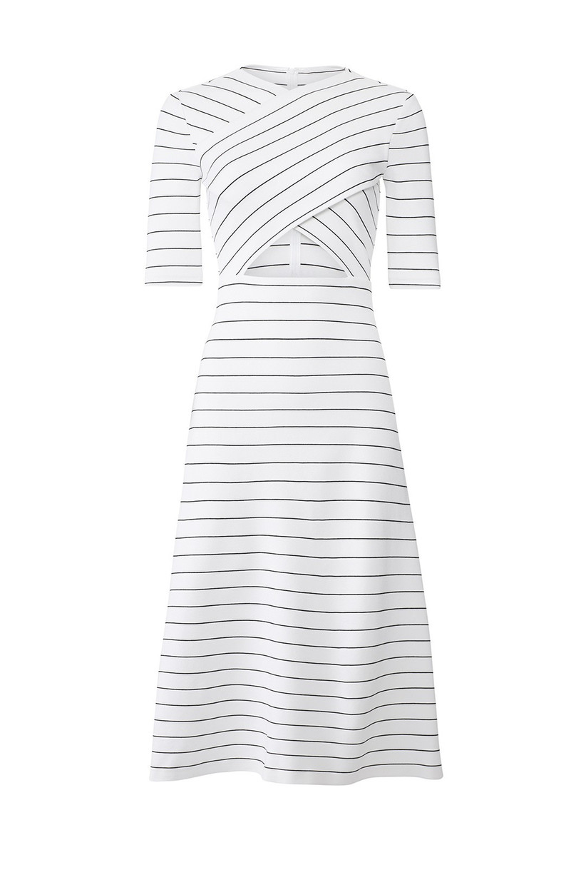 mid-length engagement party dress white with black horizontal stripes and cutout under bust