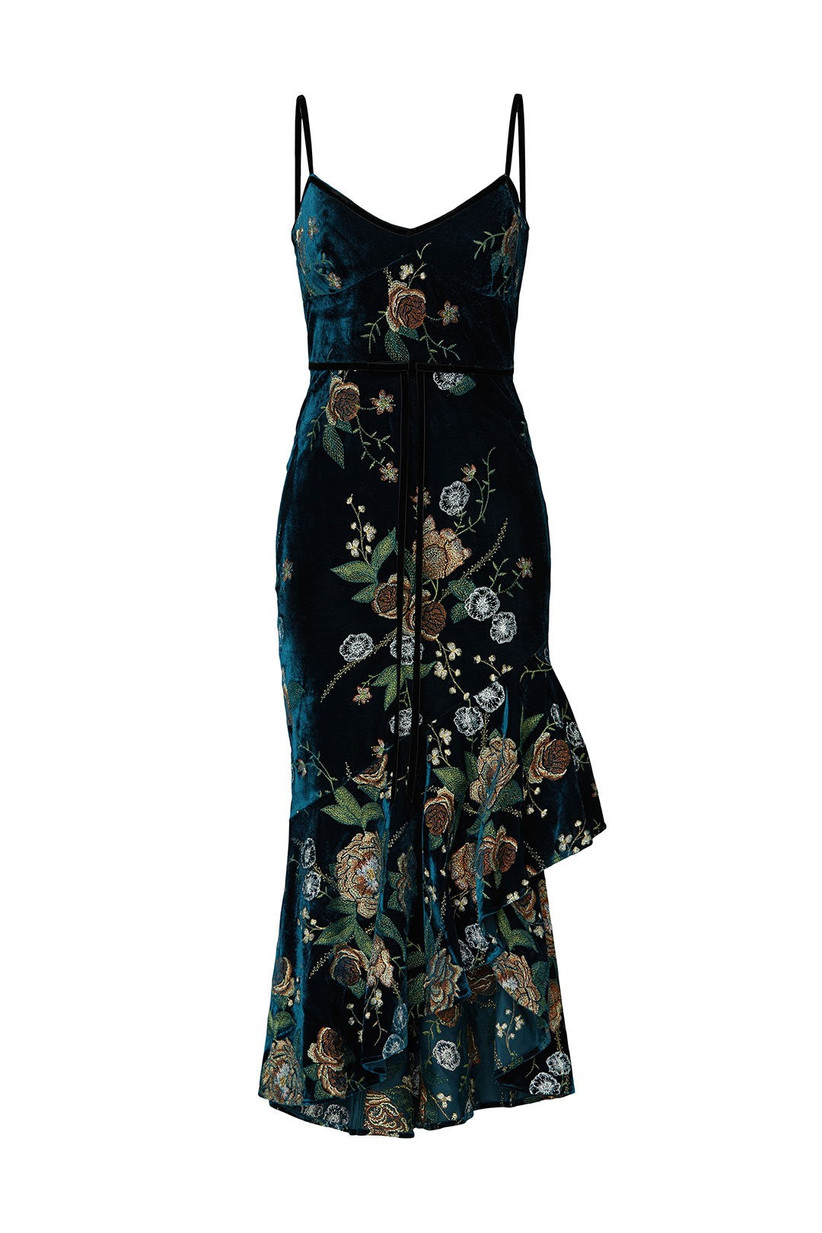 dark teal velvet engagement party dress with jewel tone botanical embroidery