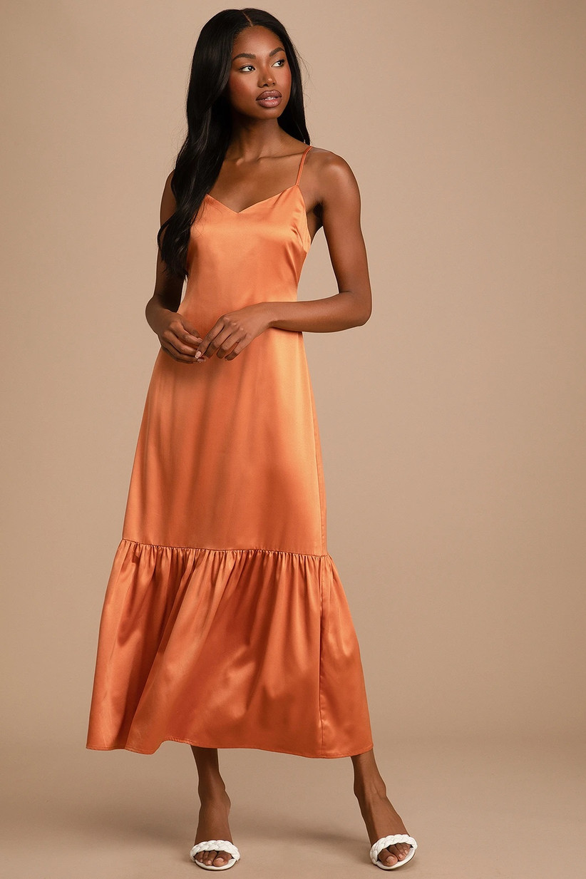 Sunset orange satin tiered maxi dress