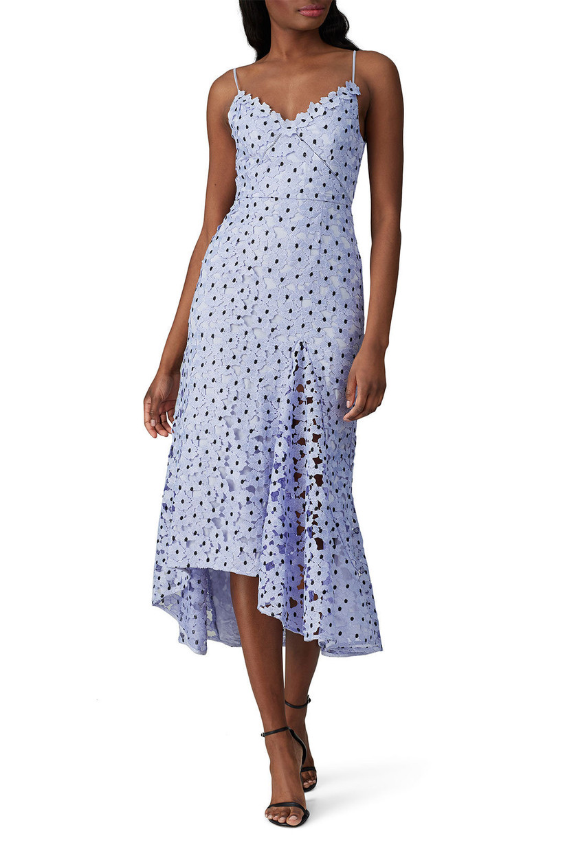Light blue lacy asymmetrical midi with floral design