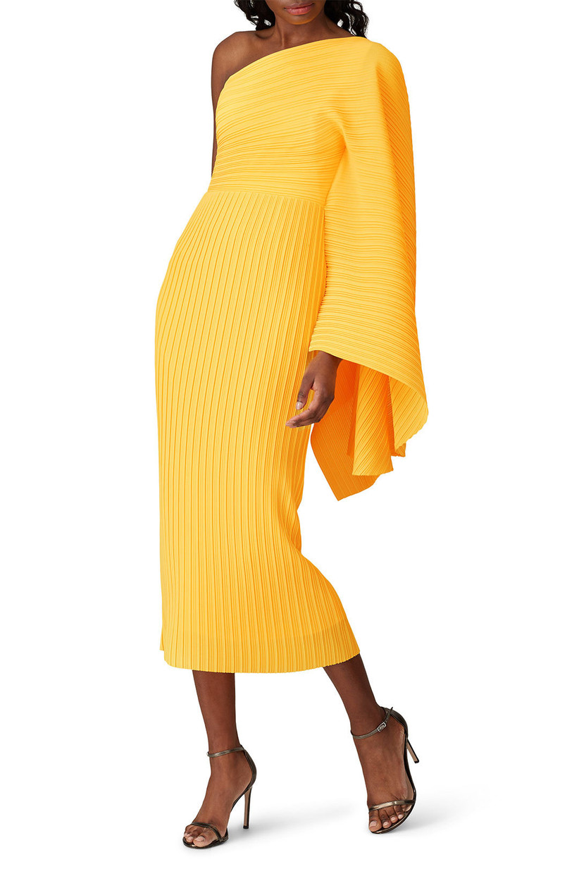Bright yellow asymmetrical midi with draped sleeve