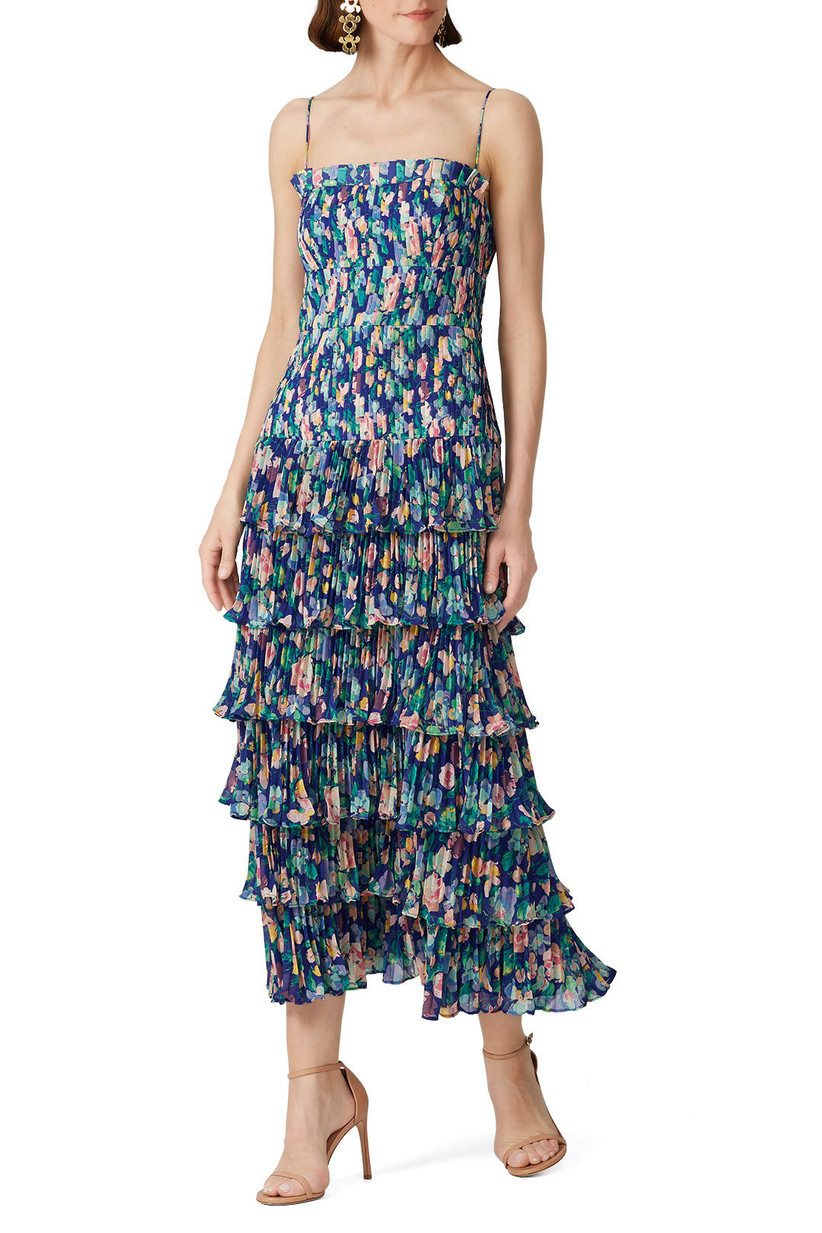 Navy floral ruffled tiered maxi dress