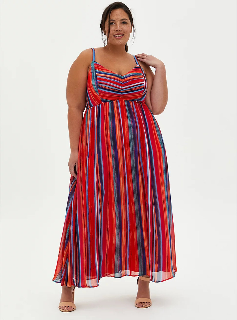 Colorful striped maxi dress for summer wedding