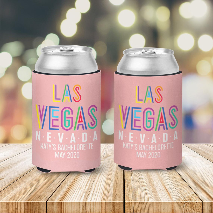 Custom Las Vegas koozies with neon sign-inspired lettering