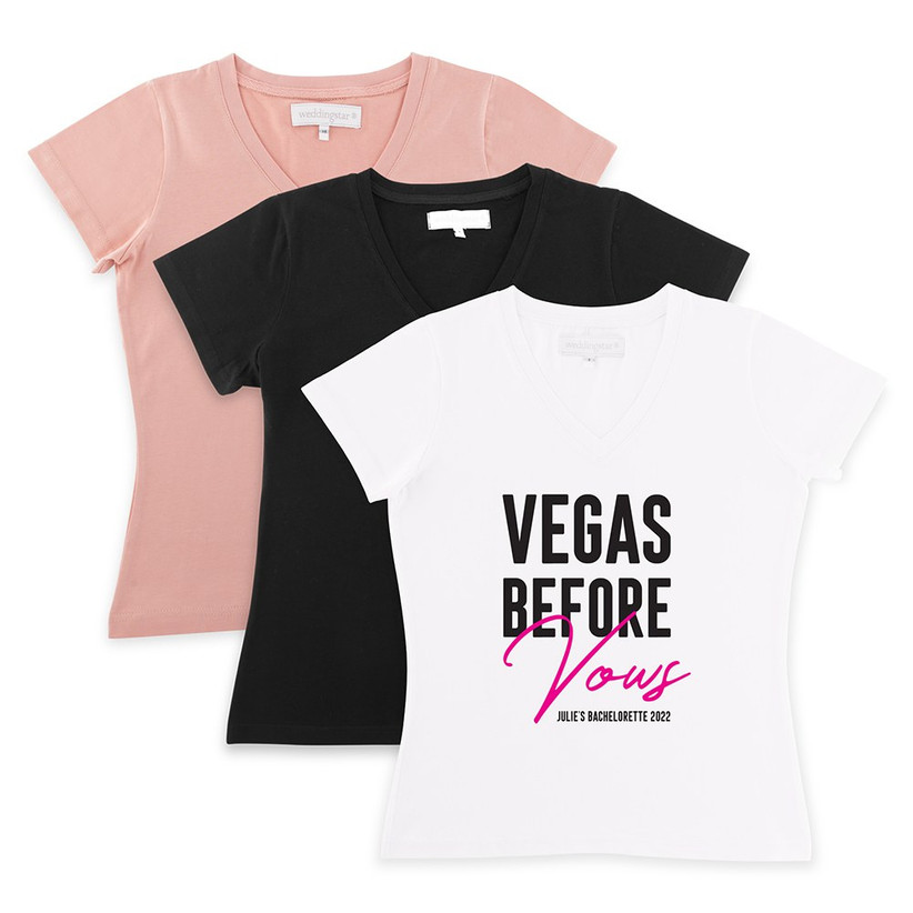 Vegas Before Vows T-shirts in white, black, and pink