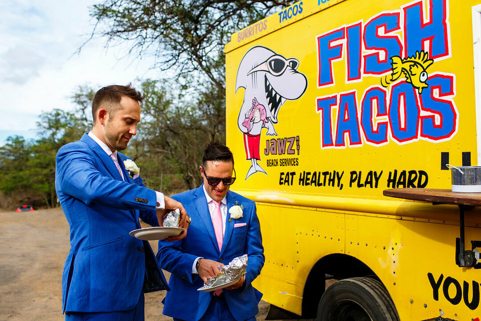 Feed your wedding guests with food trucks, like this fish taco truck