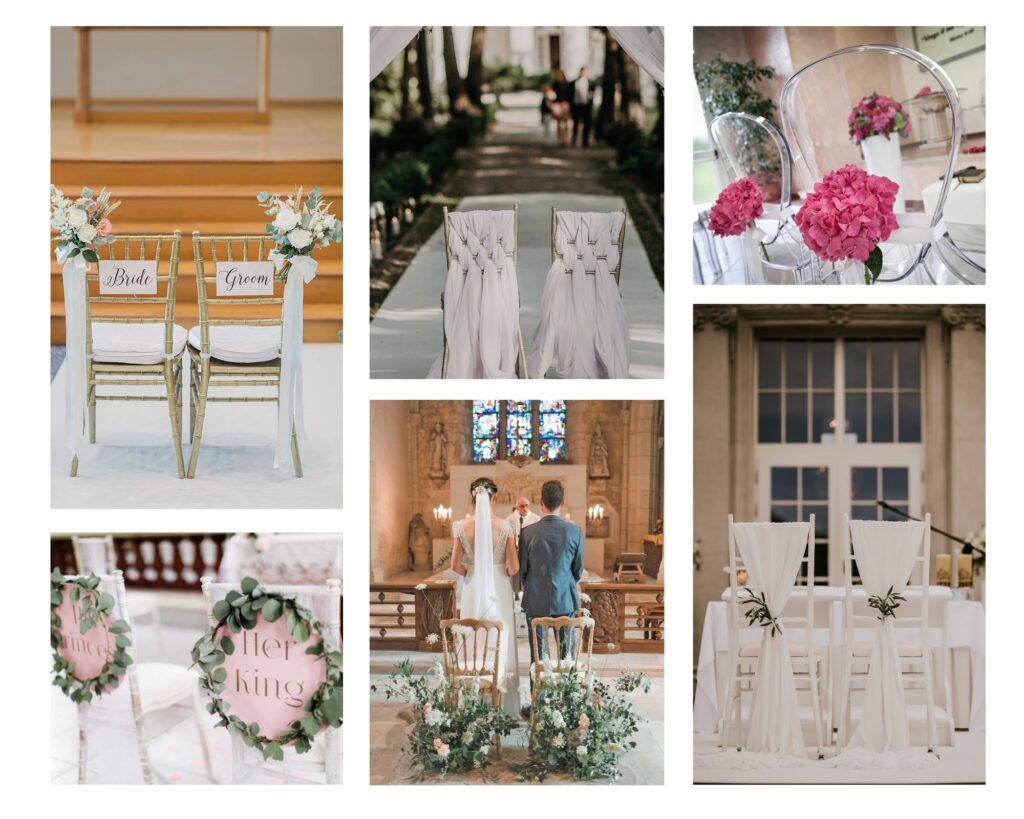 украшения стульев жениха и невесты в церкви на свадьбу